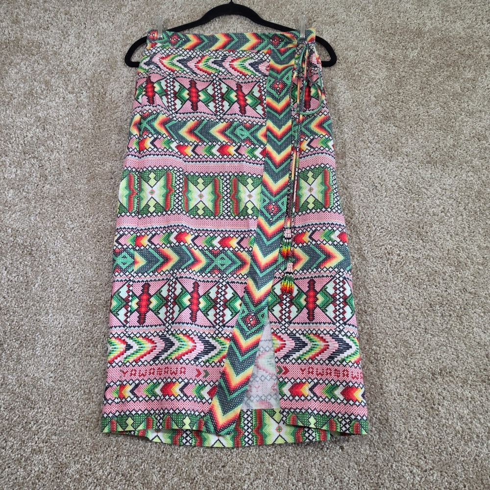 Farm Rio Wrap Skirt Geometric Tribal Print Beaded Tassel Linen Small - Picture 2 of 11